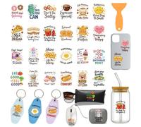 GOMAKERER 120 Pcs Food Keychain Stickers, 10 Sheets Funny Motivational UV DTF Transfer Stickers Waterproof Rub on Transfer Stickers for Keychain Packaging Card Journal Furniture Decorations
