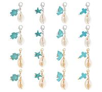 GOMAKERER 16 Pcs 8 Styles Seashell Charms, Ocean Theme Dangle Charm with Lobster Clasp Natural Shell Zipper Pull Charms with Turquoise Starfish Bead for Jewelry Making DIY