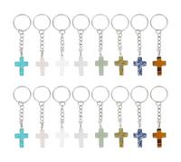 GOMAKERER 16Pcs 8 Styles Gemstone Cross Keychain, Natural Crystals Stones Charm Pendants Cross Ornament Keychain with Split Key Ring for Car Key Bag Easter Decoration