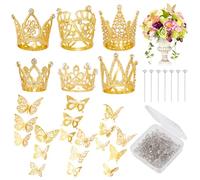 GOMAKERER 178 Pcs Flower Bouquet Accessories Set, 100 Pcs Bouquet Pins 72 Pcs 3D Butterfly Wall Stickers and 6 Pcs Alloy Rhinstone Crown Cake Topper for Christmas Birthday Wedding Party Festival