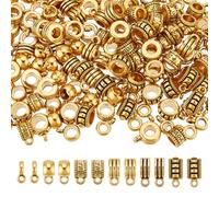 GOMAKERER 180 Pcs 6 Styles Alloy Bail Beads Charms, Antique Gold Tube Bail with Loop Carving Column Charms Spacer Loose Bead Dangle Hanger Beads for Crafting Jewelry Making