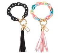 GOMAKERER 2 Pcs 2 Colors Acrylic Key Bracelets, Chunky Chain Link Key Ring Leather Tassel Key Bracelets Car Keychain Holder Key Lanyard with Alloy Swivel Clasps for Phone Decoration