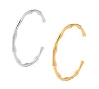 GOMAKERER 2 Pcs Bamboo Stick Bangle Cuff, Stainless Steel Bamboo Bracelet Golden Silver Polished Bangle Bracelet for Women