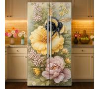 GOMAKERER 2 Pcs Bee Flower Removable Refrigerator Wraps, Self-Adhesive Vintage Floral Bee Fridge Door Mural Vinyl Freezers Panel Cover Sticker for Kitchen Bar Decor, 41.5x200cm