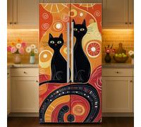 GOMAKERER 2 Pcs Black Cat Sun Removable Refrigerator Wraps, Self-Adhesive Artistic Cat Fridge Door Mural Vinyl Freezers Panel Cover Sticker for Kitchen Bar Decor, 41.5x200cm
