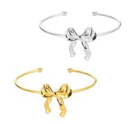 GOMAKERER 2 Pcs Bow Knot Bangle, Golden and Silver Real 18K Gold Plated Cute Bow Charm Cuff Bangle Bracelet Adjustable Open Cuffs Wrist Bracelet for Women
