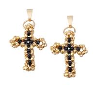 GOMAKERER 2 Pcs Cross Charms, Glass Seed Beaded Cross Pendants Gold Crucifix Charm 3D Vintage Religion Dangle Charms for DIY Bracelet Necklace Earring Jewelry Making