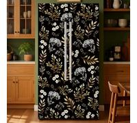 GOMAKERER 2 Pcs Flower Gold Leaf Removable Refrigerator Wraps, Self-Adhesive Fridge Door Mural Vinyl Freezers Panel Cover Sticker for Kitchen Bar Decor, 41.5x200cm