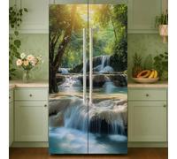 GOMAKERER 2 Pcs Forest Stream Waterfall Removable Refrigerator Wraps, Self-Adhesive Fridge Door Mural Vinyl Freezers Panel Cover Sticker for Kitchen Bar Decor, 41.5x200cm