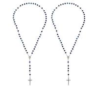 GOMAKERER 2 Pcs Rosary Necklaces for Women, 30.71 Inch Long Cross Necklace Blue Rosary Necklace with Crucifix Pendant for Baptism, Christmas