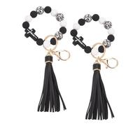 GOMAKERER 2 Pcs Silicone Cross Key Bracelets, Chunky Bead Link Key Ring Leather Tassel Key Bracelets Black and White Car Keychain Holder Key Lanyard with Alloy Lobster Clasps for Phone Decoration