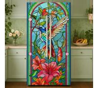 GOMAKERER 2 Pcs Stain Glass Hummingbird Removable Refrigerator Wraps, Self-Adhesive Fridge Door Mural Vinyl Freezers Panel Cover Sticker for Kitchen Bar Decor, 41.5x200cm