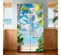 GOMAKERER 2 Pcs Tropical Beach Removable Refrigerator Wraps, Self-Adhesive Fridge Door Mural Vinyl Freezers Panel Cover Sticker for Kitchen Bar Decor, 41.5x200cm