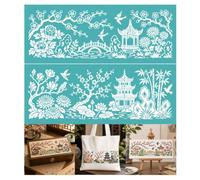 GOMAKERER 2 Sheets Chinese Landscape Courtyard Silk Screen Stencil, Oriental Pavilion Floral Self-Adhesive Silk Screen Printing for Wall Border Wood Fabric Home Craft Decor