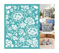 GOMAKERER 2 Sheets Chinoiserie Peony Floral Silk Screen Stencil, Blue White Porcelain Self-Adhesive Silk Screen Stencils Reusable Mesh Stencil for DIY Crafts, Scrapbooking, Home Decor