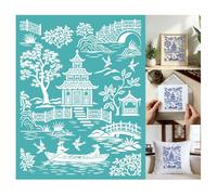 GOMAKERER 2 Sheets Chinoiserie Silk Screen Stencil, Chinese Garden Pagoda Self-Adhesive Silk Screen Printing Stencils Reusable Mesh Stencil for Painting on Wall, Wood, T-Shirt, Home Craft Decor