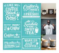 GOMAKERER 2 Sheets Coffee Slogan Silkscreen Stencil, Farmhouse Kitchen Reusable Mesh Stencil Self-Adhesive Silk Screen Printing for Wall Border Wood Fabric Home Craft Decor