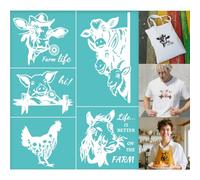GOMAKERER 2 Sheets Farm Animals Silkscreen Stencil, Humorous Pig Cow Chicken Sheep Reusable Stencils Templates Self-Adhesive Silk Screen Printing for Wall Border Wood Fabric Home Craft Decor
