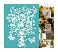 GOMAKERER 2 Sheets Sunflower Bouquet Silk Screen Stencil, Floral Butterfly Self-Adhesive Silk Screen Printing Stencils Reusable Mesh Stencil for Painting on Wall, Wood, Home Craft Decor