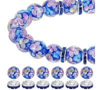 GOMAKERER 20 Pcs 12mm Midnight Blue Lampwork Flower Glass Beads with 20 Pcs Pave Rhinestone Spacer Beads, Flower Beads Jewelry Making Finding Kits Round Ball Beads Flat Loose Spacer Beads