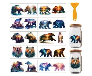 GOMAKERER 20 Pcs Bear Theme UV DTF Cup Wraps, 10 Sheets Aurora Forest Animals Cup Decals Mysterious Waterproof Rub on Transfer Reusable DIY Vinyl Decals for Glass Cups Furniture
