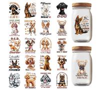 GOMAKERER 20 Pcs UV DTF Cup Wrap Transfer Stickers for 16OZ Glass Cups, 1.6x2.2 Inch Cute Dog Printing Rub on Wraps Lovely Puppy Cartoon Waterproof Iron on Decals for Cups Furniture DIY Crafts