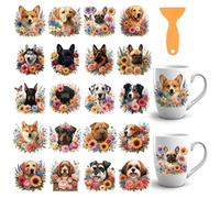 GOMAKERER 20 Styles Dog and Flowers UV DTF Cup Wraps, 10 Sheets Cute Puppy Cup Wraps Decals Animal Theam Waterproof Rub on Transfer Stickers for Glass Cups Furniture Decorations