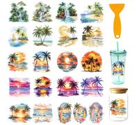 GOMAKERER 21 Pcs Palm Beach UV DTF Cup Wraps for 16OZ Glass, 4.3 x 9.4 Inch Beach Sunset UV DTF Transfer Stickers Waterproof Rub on Transfer Decals for Glass Bottle Vase Furniture Crafts