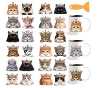 GOMAKERER 24 Pcs Crown Cat UV DTF Cup Wraps, 12 Sheets Ragdoll Maine Coon Cup Wrap Decals Cute Pet Waterproof Rub on Transfer for Glass Cups Furniture