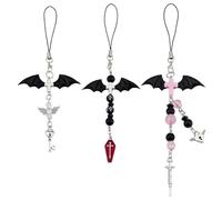 GOMAKERER 3 Pcs CelePhone Charms, Gothic Phone Lanyard String Mobile Phone Chain Straps Skeleton Bat Wings Cross Themed Cell Beads Pendant for Telephone Bag Keychain Camera Decor