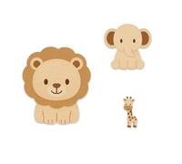 GOMAKERER 3 Pcs Wooden Lion Elephant Giraffe Wall Decor, Safari Nursery Wall Art Jungle Animal Woodland Wall Decor Forest Cottage Core Accents for Home Cottage Playroom Bedroom(3 Sizes)