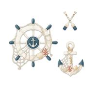 GOMAKERER 3 Pcs Wooden Nautical Wall Decor, Wooden Ship Wheel Anchor Rudder Oar Wall Art Vintage Nautical Coastal Theme Ornaments for Home Lake House Bedroom Bathroom Decor