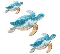 GOMAKERER 3 Pcs Wooden Sea Turtle Wall Decor, Turtle Wall Art Beach Theme Wall Decor Vintage Coastal Ornaments for Bedroom Bathroom Lake Garden House