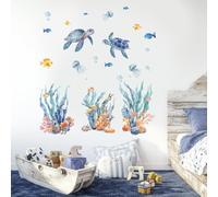 GOMAKERER 3 Sheets Sea Turtle Wall Decals, Seagrass Corals Wall Sticker Under The Sea Wall Decals Removable Vinyl Wall Sticker for Bedroom Bathroom Living Room Nursery Room Decoration