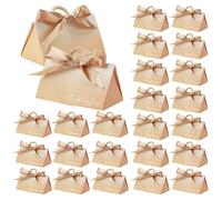 GOMAKERER 30 Sets Wedding Favor Box, Triangle Paper Gift Box PeachPuff Candy Boxes Best Wishes Bag with Ribbon and Ring Handles for Birthday Baby Shower Anniversary Party Favor, 5.04x2.76x2.91 Inch