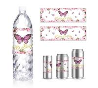 GOMAKERER 30 Sheets Pink Butterfly Water Bottle Labels, Happy Birthday Flower Wraps Stickers for Water Bottle Personalized Drinking Water Bottle Labels for Birthday Party Decoration, 8.5x2.5 Inches