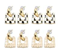 GOMAKERER 4 Pairs 2 Colors Checkered Earrings for Women, Vintage Black and White Checkered Dangle Earrings Geometric Rectangle U-shaped Earring for Women