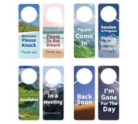 GOMAKERER 4 Pcs 4 Styles Do Not Disturb Door Hanger Sign, Double Sided Notice Hanger Sign Landscape Style PVC Welcome Please Knock Sign for Home Offices Online Meetings and Classes, 23.5x9cm