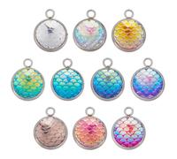 GOMAKERER 40 Pcs 10 Colors Fish Scale Resin Charms, Stainless Mermaid Fish Scale Pendants Round Iridescent Cameo Pendants Sparkling Dome Charms for Jewelry Making DIY Crafts