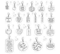GOMAKERER 40 Pcs 20 Styles Inspiration Words Charms with Lobster Clasp, Assorted Antique Silver Charms Alloy Zipper Pendant Zipper Puller Decoration for Jewelry Luggage Backpacks