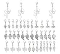 GOMAKERER 40Pcs 10 Styles Leaf Zipper Pull Charms, Silver Nature Maple Leaves Clip-on Dangle Pendants for DIY Keychain, Bracelet, Purse Jewelry Making & Stitch Markers for Knitting & Crocheting