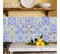 GOMAKERER 48 Pcs 24 Styles Tile Stickers, 6x6 Inch Lemon Flower Geometric Pattern Wall Tile Stickers Removable Tiles Backsplash Waterproof Self Adhesive Stick on Decals for Kitchen Bathroom Wall Art