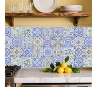 GOMAKERER 48 Pcs 4x4Inch Tile Stickers, Lemon Flower Geometric Pattern Wall Tile Stickers Removable Tiles Backsplash Waterproof Self Adhesive Stick on Decals for Kitchen Bathroom Wall Art