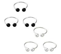 GOMAKERER 6 Pcs 2 Colors Double Pearls Rings, 17mm Round Black White Pearls Stackable Rings Adjustable Dainty Finger Rings Cute Jewelry Gifts for Crafting Wedding Party Favor