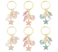 GOMAKERER 6 Pcs 3 Colors Ocean Theme Keychains, Alloy Enamel Pendant Keychain Seahorse Keychain with Iron Key Rings Starfish and Shell Shaped Keychain Set for Hanging Ornament