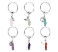 GOMAKERER 6 Pcs Crystals Stone Keychain, 6 Styles Hexagonal Crystal Wire Wrapped Gemstone Charms Natural Crystal Pointed Quartz Stones Pendants with Alloy Charms for Bag Key Decor