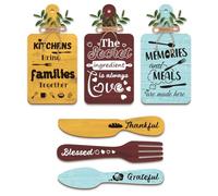 GOMAKERER 6 Pcs Eat Sign with Fork and Spoon, Grateful Thankful Blessed Kitchen Decor Eat Sign Colorful Wooden Cutting Board Sign Set with Hemp Rope for Kitchen Dining Room Wall Decor