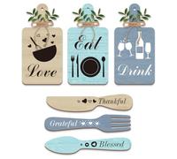 GOMAKERER 6 Pcs Eat Sign with Fork and Spoon, Grateful Thankful Blessed Kitchen Decor Kitchen Sign Eat Drink Love Wooden Cutting Board Sign Set for Kitchen Dining Room Wall Decor