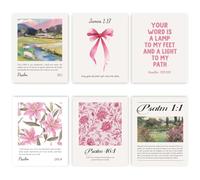 GOMAKERER 6 Pcs Pink Christian Wall Art Prints, Bible Verse Posters Floral Wall Decor Bow Artwork Trendy Preppy Painting for Home Decoration,(20.5x25.5cm Unframed)