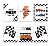 GOMAKERER 6 Pcs Race Car Wall Art, Little Racer Dude Posters Inspirational Quote Boys Room Wall Art Decor Vintage Vehicle Prints Poster for Boys Bedroom Playroom Nursery, 20.5x25.5 CM Unframed